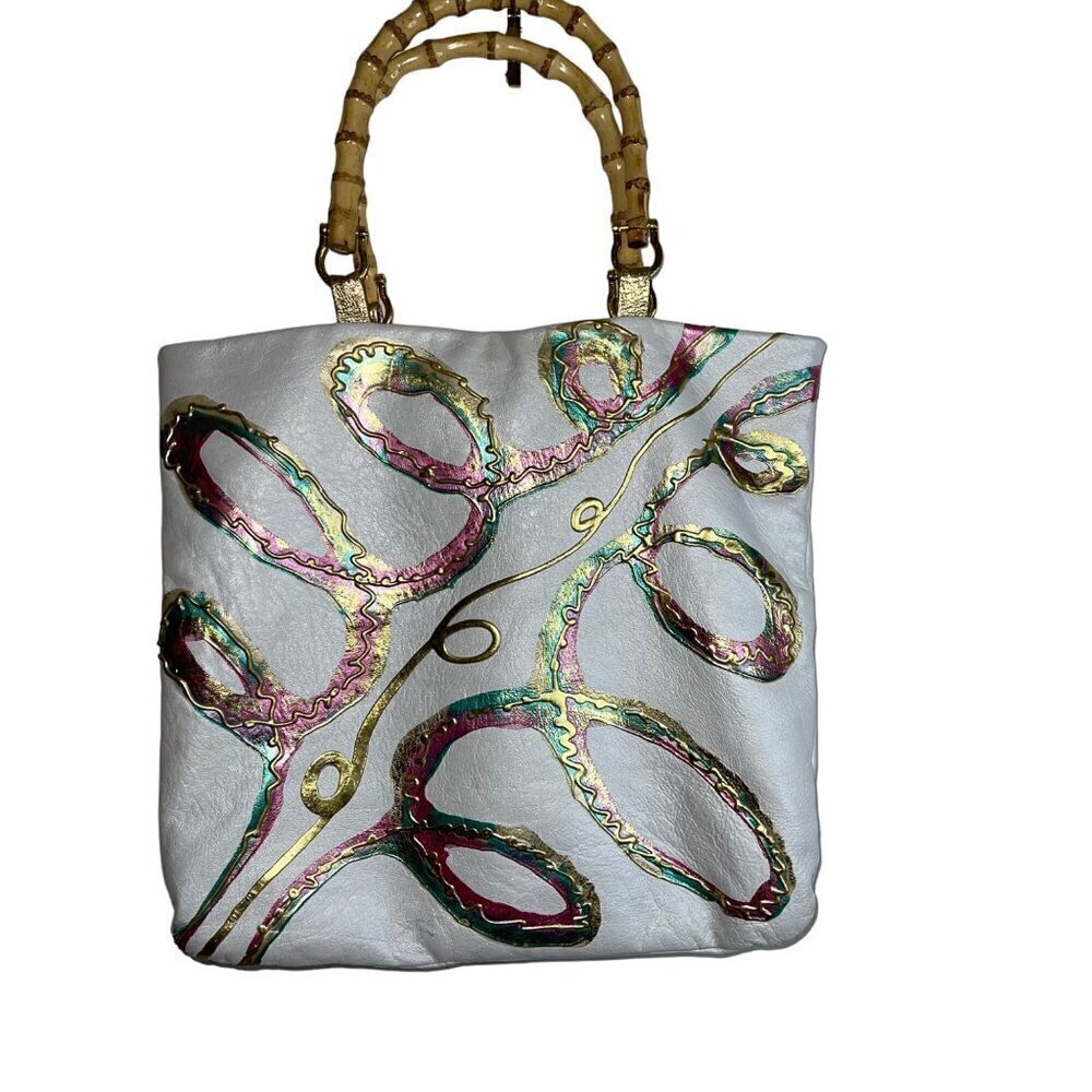 Terry Toni Vintage Womens Tote Bag White Handcrafted Pour Paint Bamboo Handle